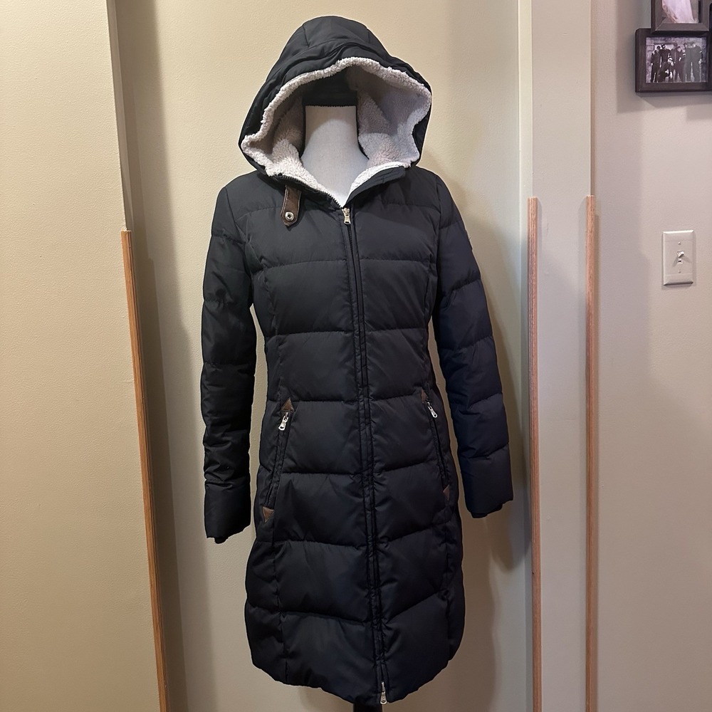 LRL Ralph Lauren Quilted Hooded Down Puffer Coat Black Women Small Petite Sherpa